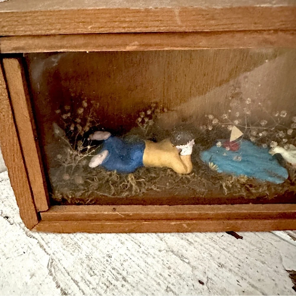 Vintage Boy at a Pond with Ducks Sailboat Diorama Antique Wood Wall Hang Decor